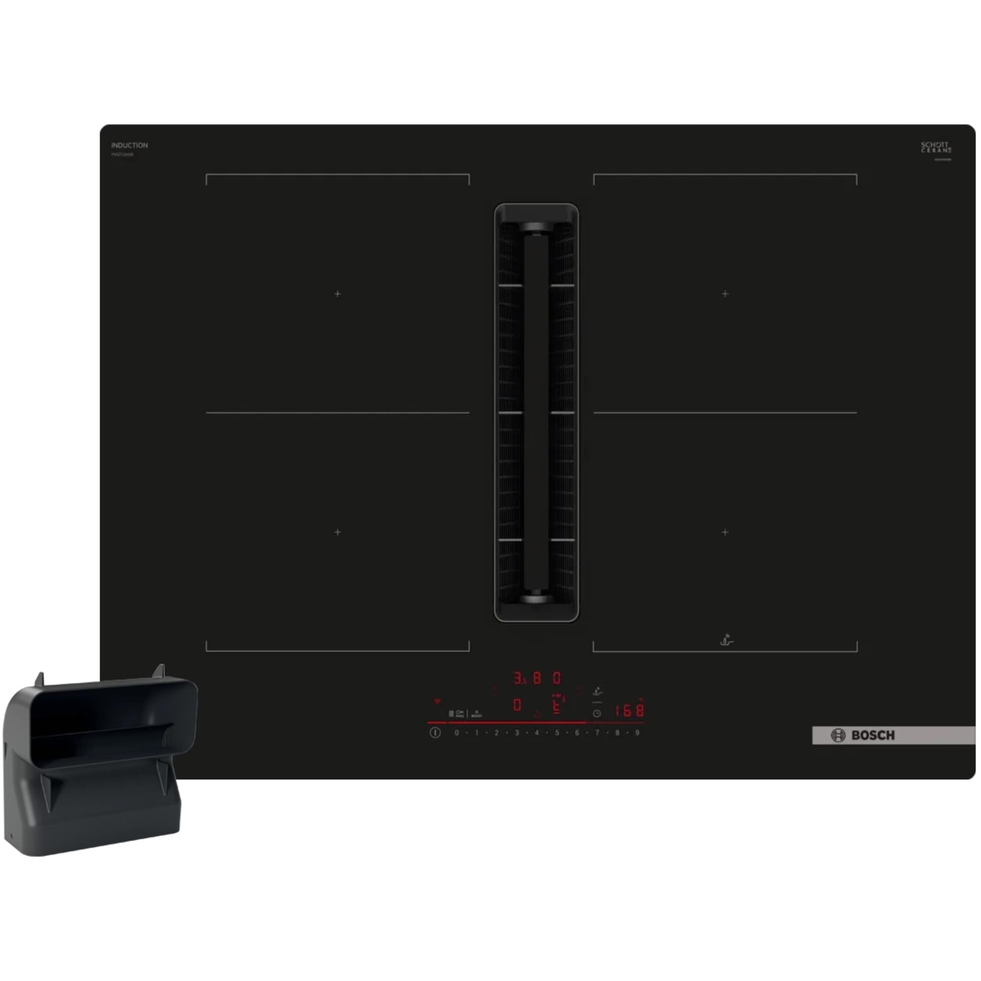 Bosch PVQ811HGA7 Series 6 Smart Induction Hob with Extractor (Self-sufficient), 80 cm Width, Flat L Channel, Made in Germany, CombiZone, Automatic Ventilation, PowerBoost, Control