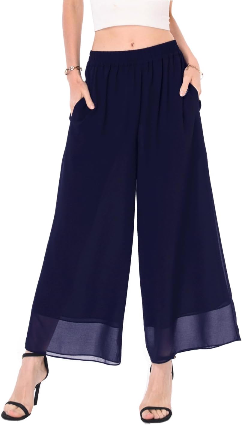 heipeiwa Women's Capris Crop Chiffon Pants Summer Beach Vacation Culottes Casual Dress Wide Leg Palazzo Pants