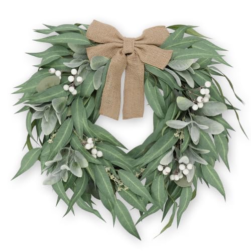 Eucalyptus Wreath for Front Door 20 Inch - Heart Shaped Mixed Lambs Ear Artificial Greenery with White Berries Spring Summer Farmhouse Decor for Wall & Window All Season Door Wreath