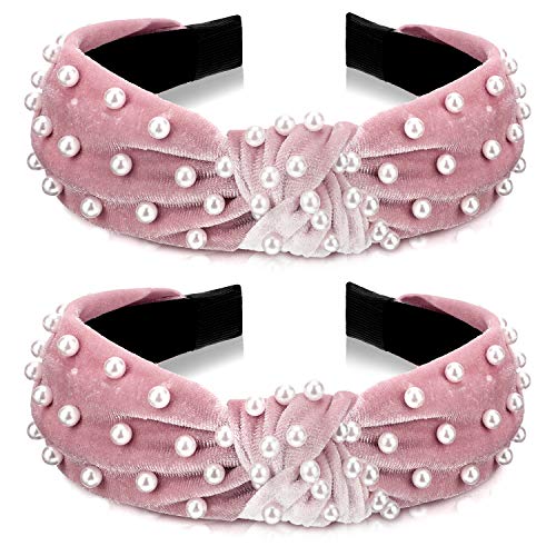 2 Pieces Pearl Headband Velvet Knot Turban Hairbands for Women Girls (Color Set 3)
