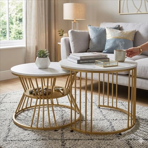 Image of Amazon Brand - Solimo Nature Haven Round Nesting Coffee Table Set of 2 | Marble Veneer Top with Metal Frame | Golden White | L 51.5 x W 51.5 x H 41.5 cm and L 46 x W 46 x H 36 cm