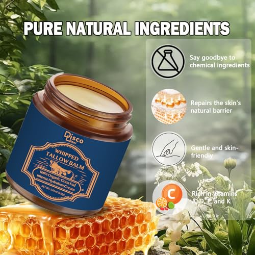 Discoliner 100% Grass Fed Whipped Beef Tallow Balm, Ultra Moisturizing Skin Cream for Face, Body Hands, Natural Skincare with Honey Coconut Oil Olive Oil and Avocado Oil for All Skin (1)