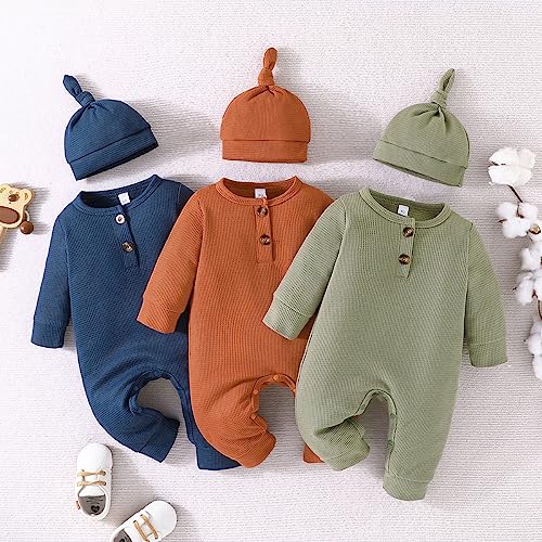 Toddler Boys Girls Romper Neutral Baby Clothes Solid Long Sleeve Waffle Jumpsuit Fall Newborn Coming Home Outfit2
