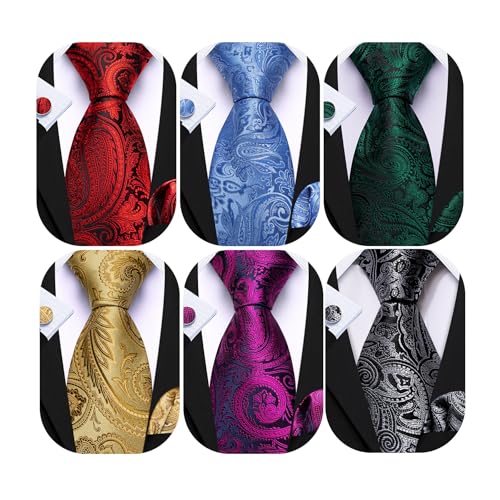 Image of Barry.Wang 6 PCS Men Ties Set Silk Business Fashion Woven Necktie Handkerchief Cufflinks Paisley Stripe Wedding Party