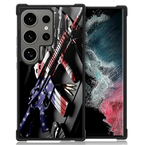 ZHEGAILIAN Case Compatible with Samsung Galaxy S25 Ultra, Tempered Glass Back+Soft Silicone TPU Shock Protective Men's Machine Gun Holster