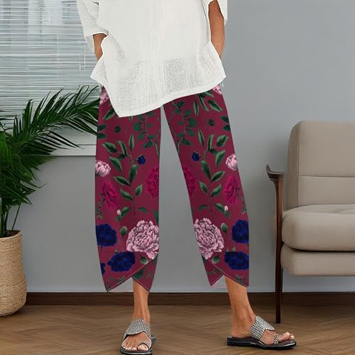 Women Boho Floral Lantern Pants Wide Leg Cotton Linen Elastic Waist Baggy Trousers with Pockets2