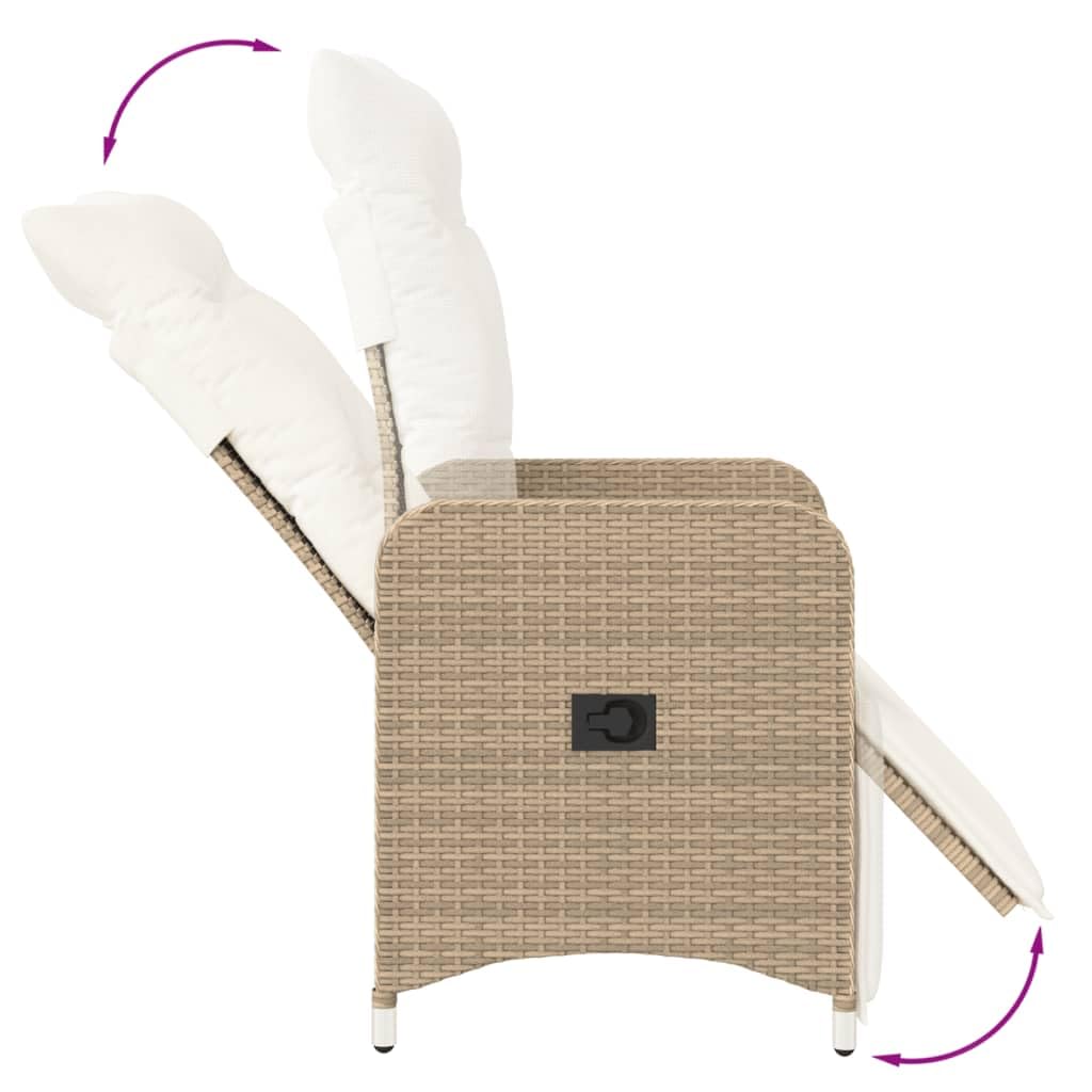 vidaXL Gartensessel mit Tisch 2 STK., Verstellbar Gartenstuhl mit Stahlrahmen, Loungesessel für Außenbereich, Relaxsessel Sthulset, Beige Poly Rattan