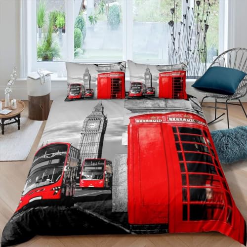 Homemissing London Big Ben Parure de Lit Cabine téléphonique Rouge Bus pour Enfants Housse de Couette 140x200cm Garçon Fille Anglais Sets de Housse de...