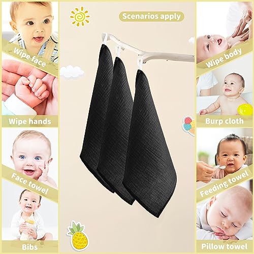 Image of YETTASBIN Solid Black Muslin Baby Hand Washcloths, Soft Cotton Bath Face Towel, 4 Layers Extra Absorbent Feeding Burp Cloth for Newborn Infant Sensitive Skin, 5 Pack