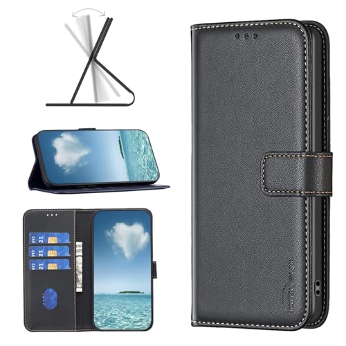 Coque Xiaomi Redmi 14C Premium étui portefeuille en cuir noir