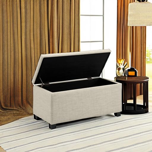 Image of Amazon Basics Upholstered Storage Ottoman Bench with Soft Close Lid, Child-Safety Hinge, No Assembly Required, 35.5 inchW x 16.5 inchD x 17 inchH, Beige