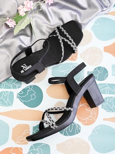 Image of XE Looks Criss Cross Glitter Strap Design | Elegant Square Toe | Comfortable Mid Block Heel Sandal For Girl & Women