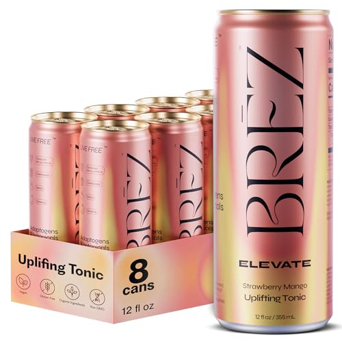 BRZ Elevate Cordyceps Mushroom Energy Drink for Focus Clarity & Mood 80mg Natural Caffeine from Guayusa Maca Ginseng Nootropics Adaptogen Drink Sparkling Strawberry Mango 12 fl oz 8 Pack