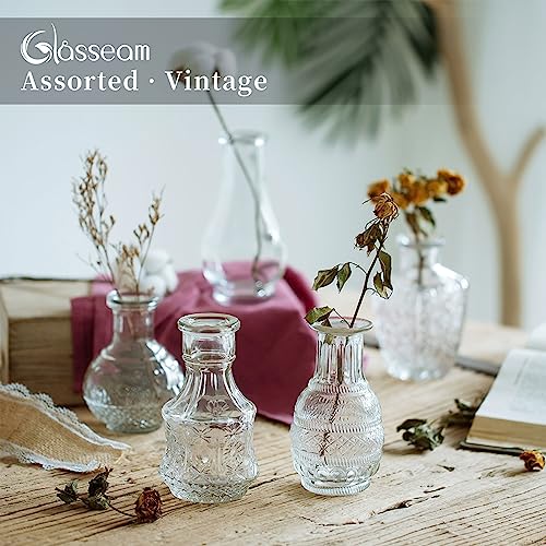 Vintage Clear Glass Bud Vase, Glasseam Set Of 5 Crystal Small Mini Flower Decor Vases Antique Decorative Small Opening Short Vase Multi Rustic Aesthetic Wedding Table Centerpiece #TOP3