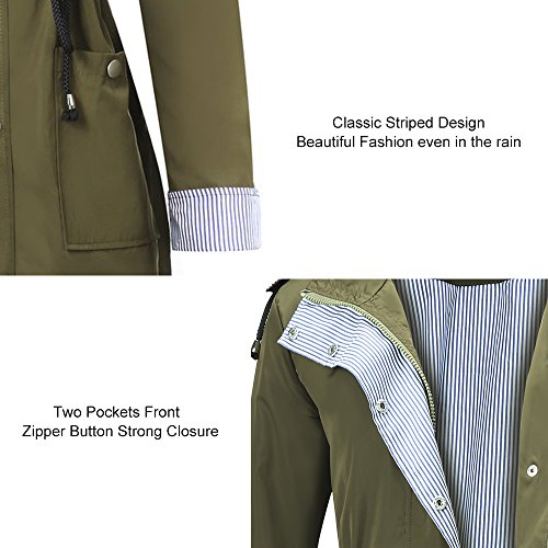 FISOUL Raincoats Waterproof Lightweight Rain Jacket Active Outdoor Hooded Women's Trench Coats Army Green