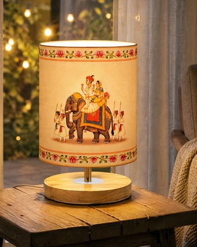 Image of Homesake Pine Table Lamp Wooden Bedside Lamp Simple Bedroom Light Linen Shade Mini Desk Lamp Nightstand Lamp for Bedroom, Living Room, Gift, (Rajasthani Art of India Shade Cylinder)