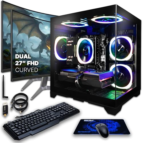 Image of SAAV CORE Prebuilt Gaming PC Bundle Desktop Tower AMD Ryzen 5 5500 GeForce RTX 3050 6GB GDDR6 Dual Curved 27in Monitors 32GB DDR4 1TB NVMe SSD WiFi 6 Windows 11 Black RGB Computer PC Gaming
