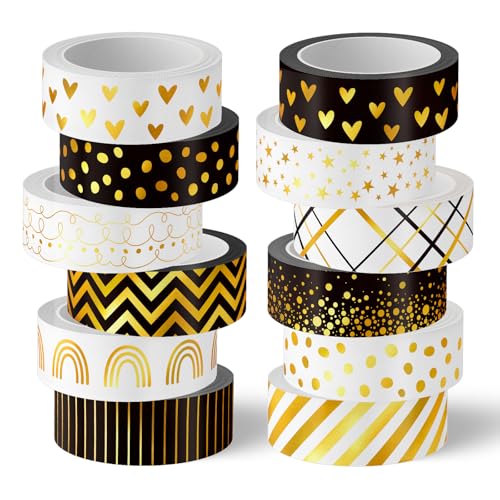 Whaline 12 Rolls Gold Foil Pattern Washi Tape Heart Dot Stripe Rainbow Masking Tape Set Decorative Wrapping Paper Tapes for Scrapbook Journal DIY Art Crafts