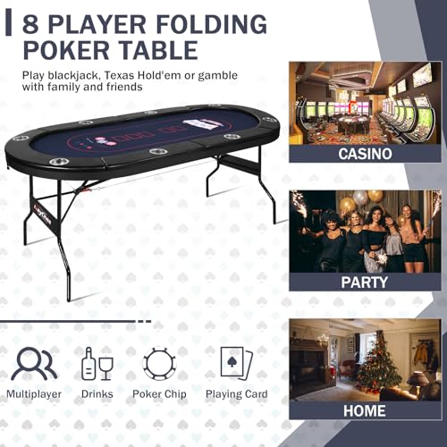 8 Player Poker Table Foldable, 71” Folding Blackjack Texas Holdem Table w/Deep Metal Cup Holders, Padded Rails & Casino Grade Felt, Portable Oval Card Poker Table, No Assembly Required (Black)
