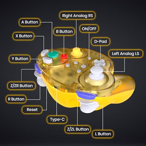 Image of 2.4 GHz Wireless GameCube Controller for Switch 1 & 2, NGC, Clear Yellow | (Built-in Vibration) (Rechargeable) (Analog Triggers / Stick) Compatible with Switch Online, Windows PC, macOS