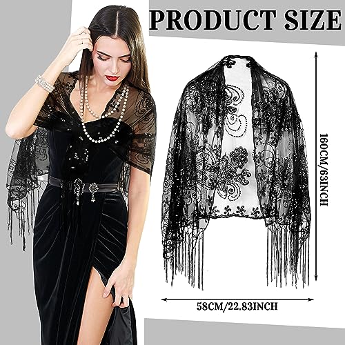 Bencailor 3 Pcs 1920s Shawl Scarf Pearl Necklace Pearls Bracelet Set Sequin Fringed Wedding Cape 1920s Accessories Jewelry3