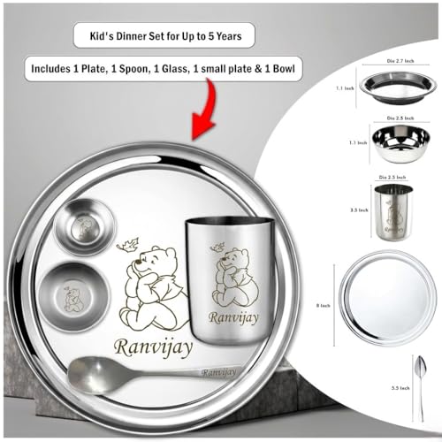Image of SAVRI Personalized Stainless Steel Kids Meal Set - 6 Pieces - Customized Name & Cartoon Motif Engraved - Plate, Bowl, Spoon, Fork & Glass Combo - for Kids, Boy, Girl, Birthdays & Return Gifts