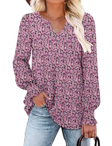 onlypuff V Neck Tops for Women Puff Long Sleeve Shirts Ladise Blouse Fall Fashion Tops Cute Tee Shirt PinkPurple XXL