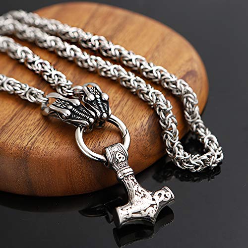 Thor's Hammer Pendant Double Dragon Head Byzantine Chain Necklace for Men,Handmade Norse Viking Mixed Gold Mjolnir Amulet Scandinavian Celtic Pagan Jewelry2