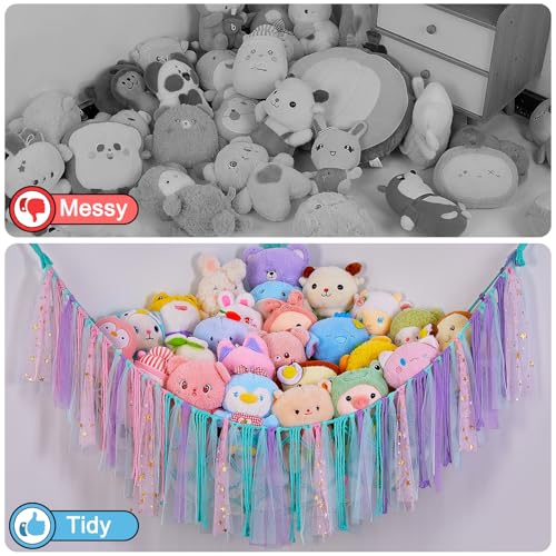 Image of FIOBEE Stuffed Animals Net LED Light Toy Hammock for Kids Bedroom Storage | Stuffed Animals Storage Organizer, Girls Room Decor, Teddy Bear Holder, Space Saving, for Kids Nursery Bedroom Playroom