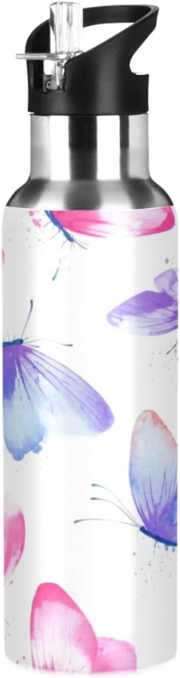 Botella de agua de acero inoxidable aislada con pajilla, de 20 onzas, a prueba de fugas, botella de agua deportiva sin BPA aislada