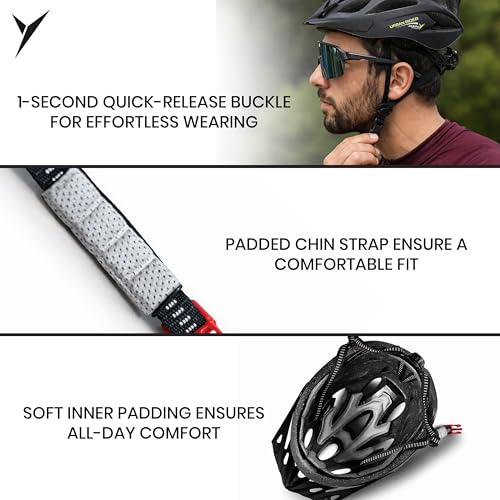 Image of Jaspo Urban Rider Plus Cycling Helmet with Adjustable Spin Dial (Upto 5cm) | Quick-Release Buckle for Effortless Wearing | Padded Chin Strap | Ideal for Men, Women & Kids (Black, Small (53-58cm))