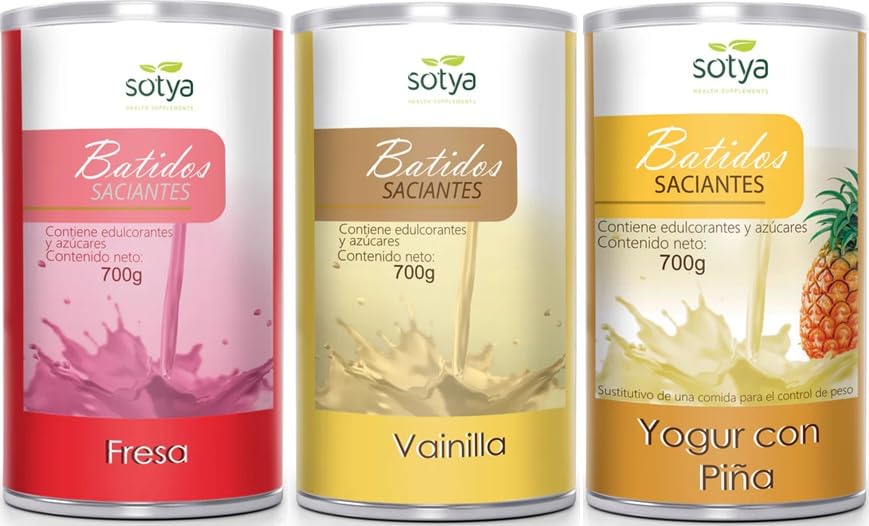 Sotya Batido Sustitutivo de Comida 700 g Pack 3 Sabores Fresa Vainilla y Yogur de Piña con Proteínas Vitaminas y Minerales para Control de Peso