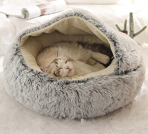 KingMSPG Cama de cueva de gato, saco de dormir calmante con capucha, para mascotas, para aliviar la ansiedad, para gatos, gatos, gatitos, cachorros, lavables (L 65 cm, gris A) Cover
