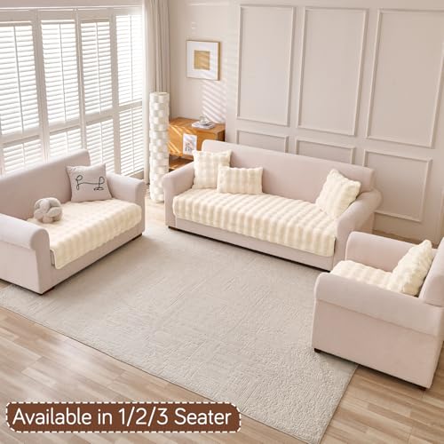 Image of HOKIPO 'FurHug' Luxury Faux Rabbit Fur Anti Slip 3 Seater Sofa Mat, Beige (AR-5015-CRM*1)