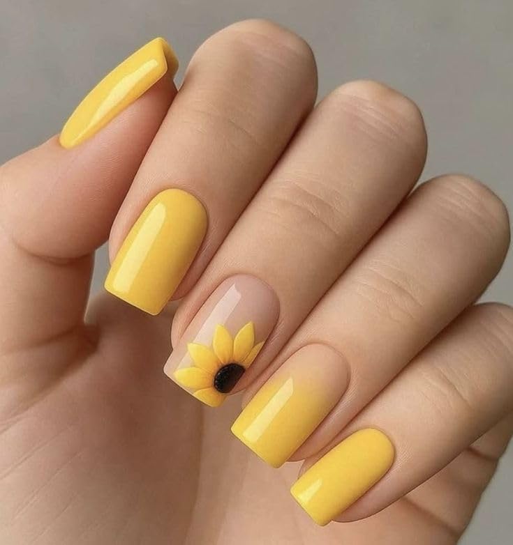 FWS Artificial fake Press On Nails Art Set (Set Of 20) Reusable Nails Extension,BridalNails,Stick-On Nails,Manicure Art Set, AcrylicNails,False Nails,DesignerNails | Nail Glue, Nail file, cuticle pusher, cleaning wipe | Glossy Yellow Ombre Floral Shape Medium Square-image-43