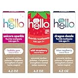 hello Kids Fluoride Toothpaste Variety Pack, Includes a Strawberry, Unicorn Bubble Gum, and Blue Raspberry Toothpaste, Safe for Ages 2 and Up, 3 Pack, 4.2 Oz Each
