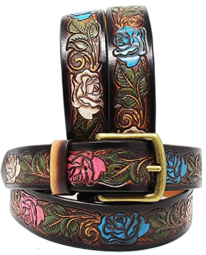 CHALLENGER 33-34 Western 1 1/2" Wide Rodeo Multicolor Rose Tooled Brown Leather Belt 26FK132