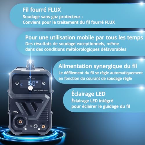 STAHLWERK Poste à souder FLUX 160 ST Digital – Kit complet – Combiné 3-en-1 160 A, soudage au fil fourré sans gaz, MMA (ARC), Lift-TIG (DC), dévidage synergique, éclairage LED – vue 4