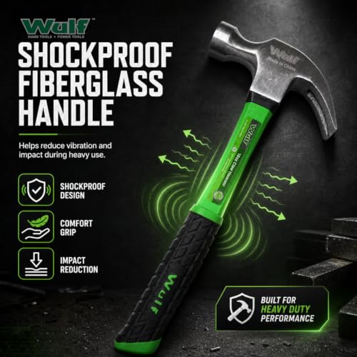 Image of WULF 16oz Heavy Duty Claw Hammer | Drop-Forged Steel Head with Shockproof Fiberglass Handle | Durable Anti-Slip Grip for Carpentry, Construction, and Home DIY | Professional Hand Tool