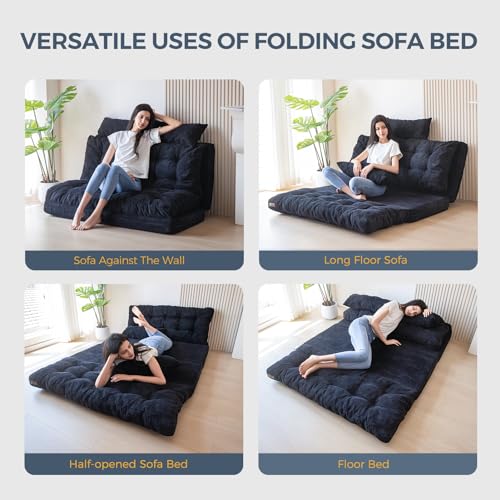Image of MAXYOYO Folding Sofa Bed, Tufted Bean Bag Bed with Pillows Floor Couch for Adults, Extra Thick and Long Floor Sofa, Full Floor Couch Bed for Bedroom Living Room, Black, 54x91 Inch