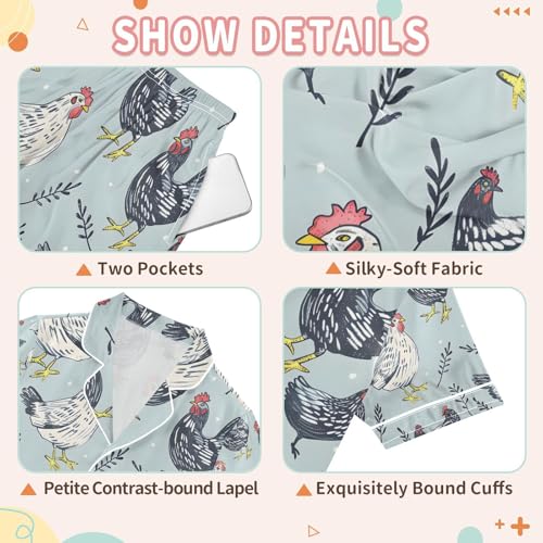 senya Chicken and Grass Satin Summer Pajama Sets Silk Short Sleeve Button Down Sleepwear3