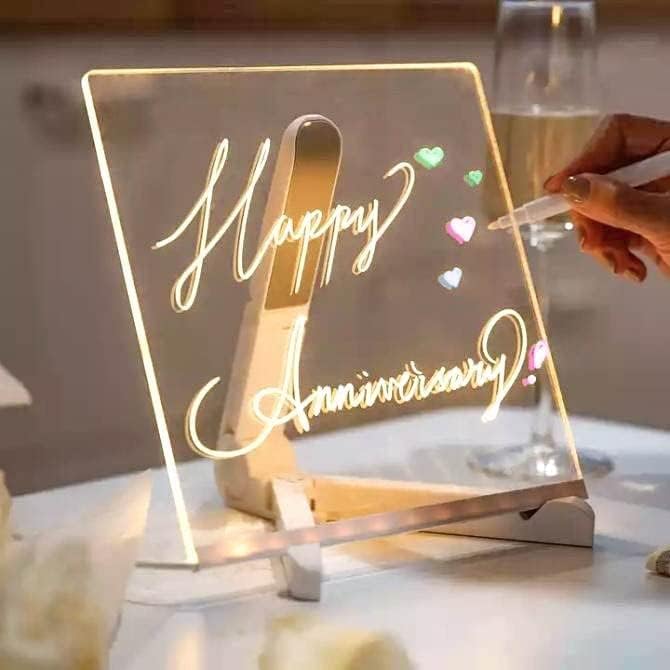 CHIDDHAN Acrylic Rewritable LED Message Board with Pen – Writing Pad Table Lamp for Study, Office, Home Decor, Gift – Dimmable Light Up Note Board with Stand for Desk or Bedside Use