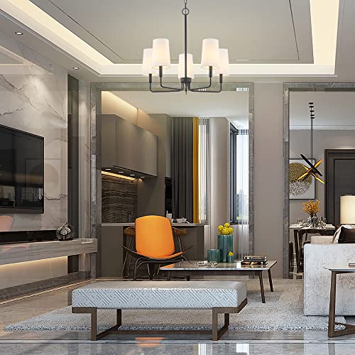 Homebelife Chandelier, Matte Black with White Fabric Shade, Farmhouse Linear Island Lighting Fixture for Kitchen, Dining Room (5-Light Matte Black with Fabric Shades) - Image 6