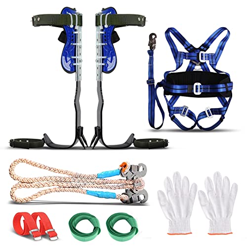Helangel Baumklettern Ausrüstung Set,Aomdom Tree Climbing Tree Spikes mit 2 Zahnrädern und 5-Punkt-Sicherheitsgurten,Verstellbare Wadenhöhe(Blau)