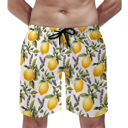 Hawaiian Shorts for Men - Comfy Lavender Lemon 1 Print Mens Swim Trunks Bathing Suits with Mesh Lining