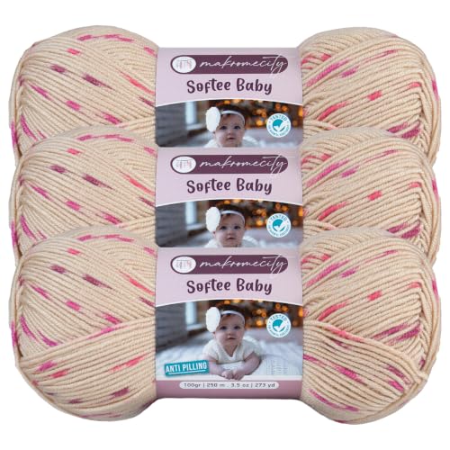 Image of Makromecity Softee Baby Yarn,%100 Premium Anti-Pilling Acrylic, 3.5 Oz, 273 yd (100gr /250 mt), Soft Yarn for Crocheting and Knitting (Berry Cream, 3 Skeins)