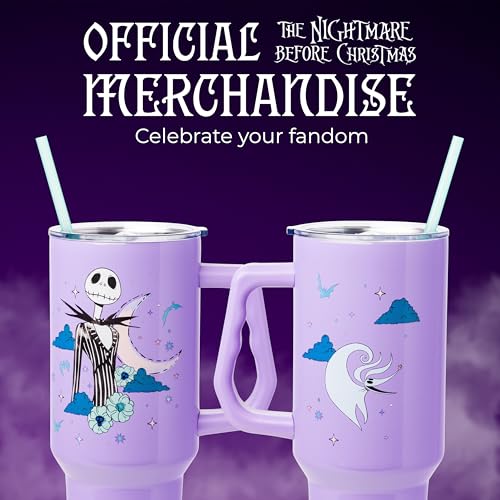 Image of Silver Buffalo Disney Nightmare Before Christmas by Tim Burton Jack Skellington Double Walled Stainless Steel Tumbler with Handle and Straw, Fits in Standard Cup Holder, 40 Ounces