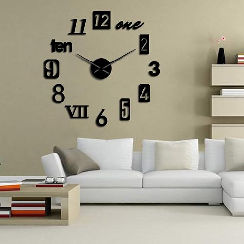 Miniatura 5 de The Geeky Days Fishon Numbers - Reloj de pared gigante sin marco con efecto espejo, arte de pared para decoración del hogar (negro)