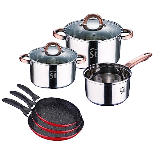 Batería de cocina cazo sin tapa 16x9,5 cm (1,7L), cacerolas con tapa de 18x10,5 cm (2,5L) y 20x11,5 cm (3,38L), Onil, inducción + set 3 sartenes navy Red & Marble 16+20+24cm, inducción