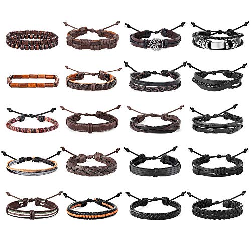 Finrezio 20 Pcs Braided Bracelet Set Men Beads Leather Wristbands Boho Ethnic Tribal Linen Hemp Cords Wrap Bracelets String Handmade Jewelry